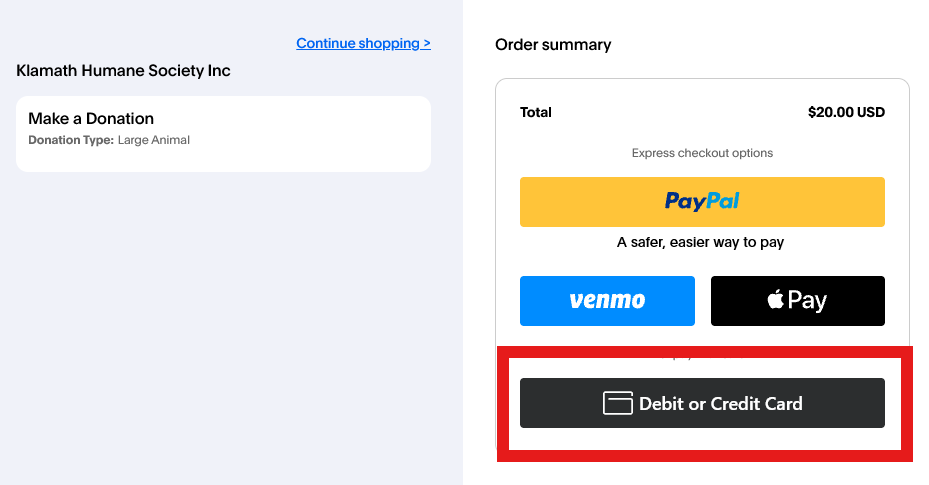 Screenshot of the paypal checkout screen with the debit or credit card button circled in red.