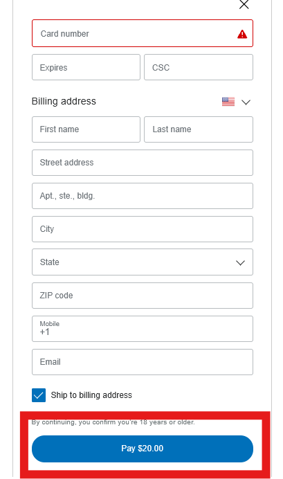 Screenshot of the paypal credit card screen showing fields for information.